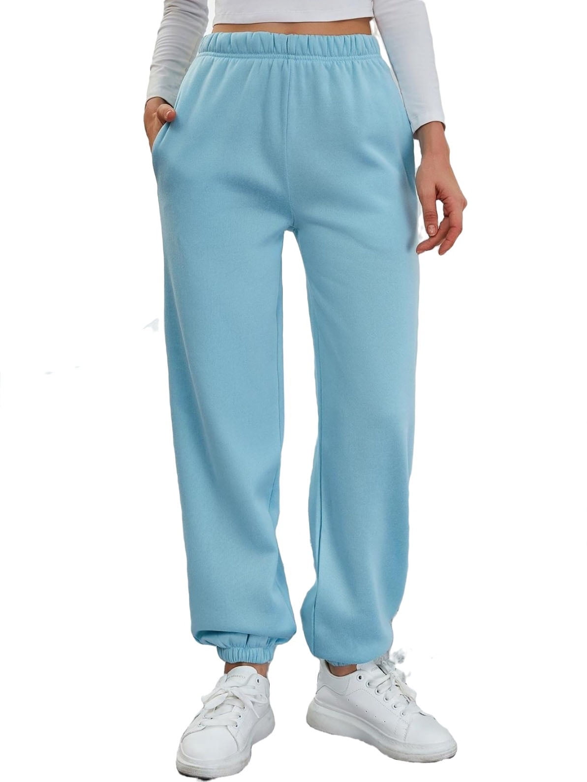 Womens Elastic Waist Sweatpants Plain Long Regular Fit Baby Blue