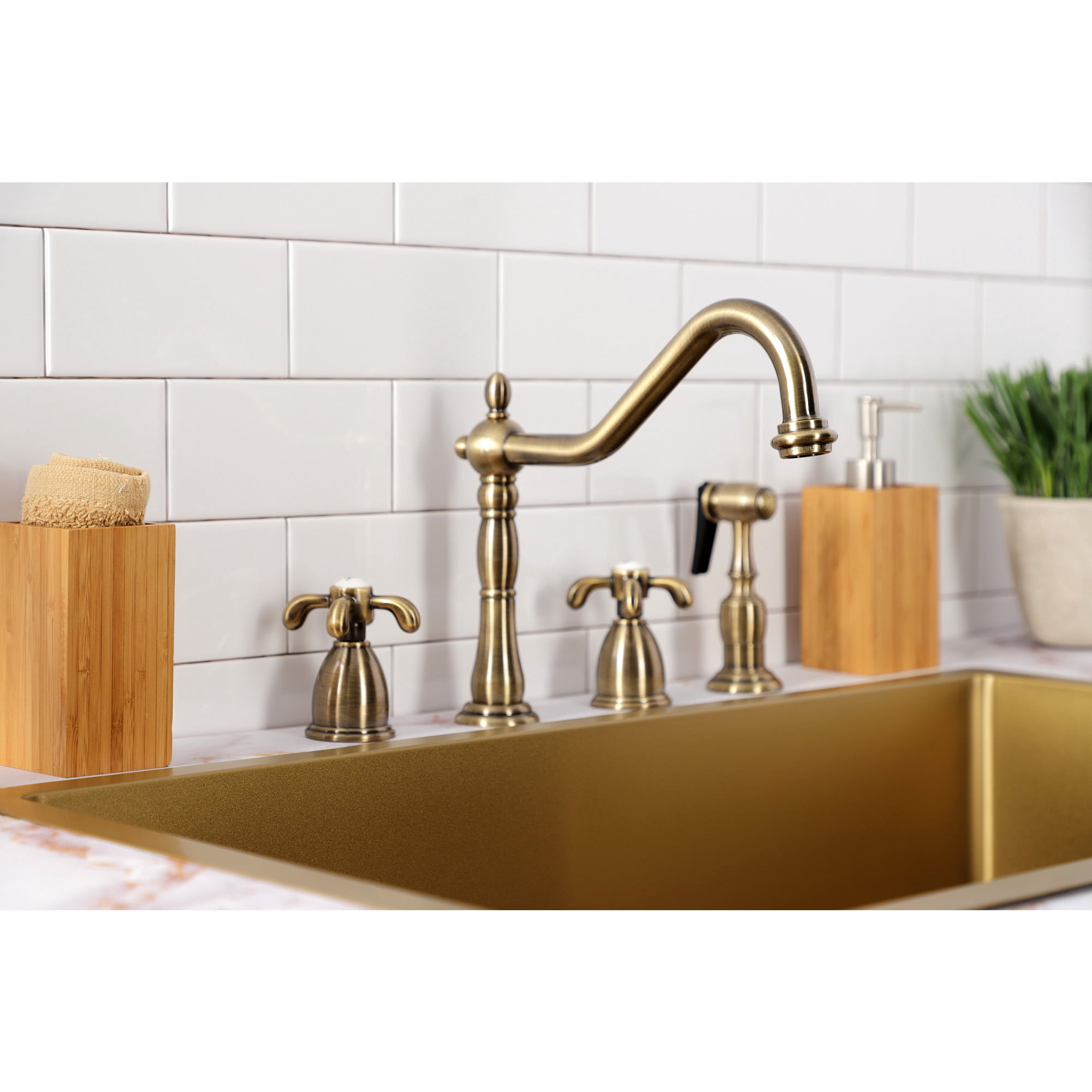 Kingston Brass KB1793TXBS French Country Double-Handle Widespread Kitchen Faucet with Brass Sprayer, Antique Brass