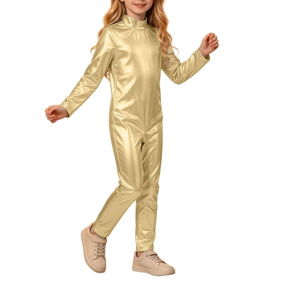 OJSFQUFP Girls Shiny Metallic Mock Neck Unitard Long Sleeve Full Jumpsuit Kids Slim Fit Bodysuit Dance Jumpsuit