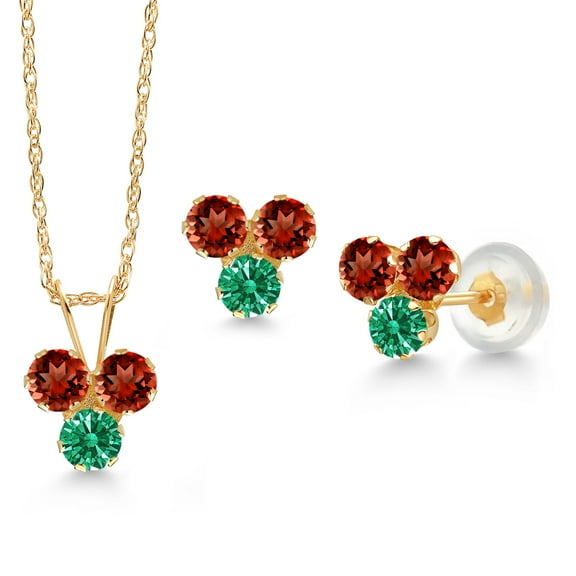 Gem Stone King 14K Yellow Gold Red Garnet and Green Zirconia 3 Stone Pendant Earrings Set for Women (1.23 Cttw, Round 3MM, with 18 inch Chain)