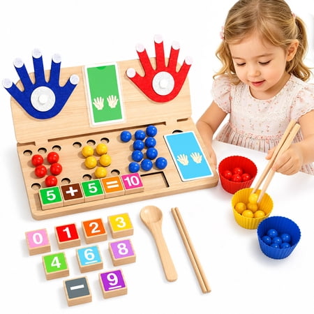 Rirool Montessori Math Counting Toy for Kids Wooden Number Beads Board with Finger Models Sorting Bowls Tweezers and Activity Cards Early Learning Educational Gift for Boys Girls
