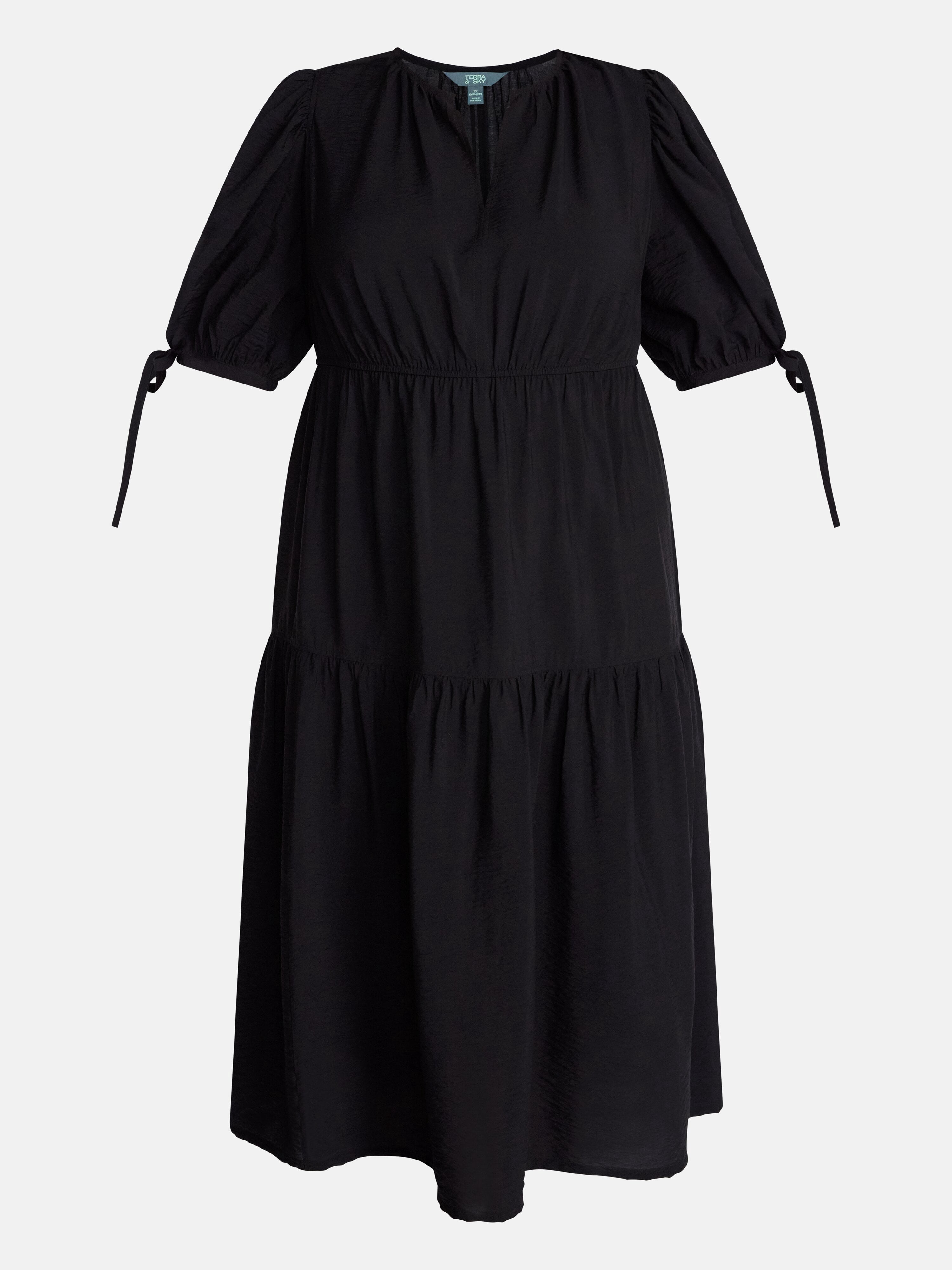 Terra & Sky Women’s Plus Tiered Midi Dress with Short Puff Tie Sleeves, Sizes 0X-5X
