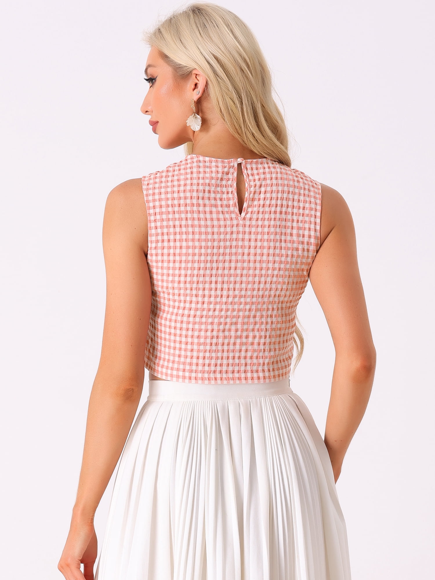 Unique Bargains Women's Blouse Sleeveless Vintage Summer Ginham Tops XS Red L Pink