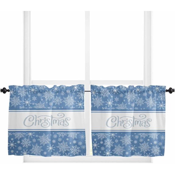 Blue Christmas Snowflake Kitchen Curtain 2 Panels Tiers Curtains 36 Inch Length, Xmas Snowflake Winter Striped Curtains Rod Pocket Curtains Window Drapes Treatment Window Cafe Curtains