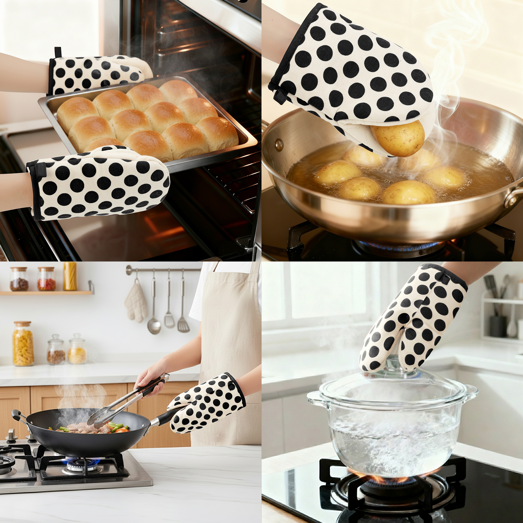 Unique Bargains Oven Mitts Heat Resistant Cooking Gloves Black Polka Dots 7.1x5.5inch