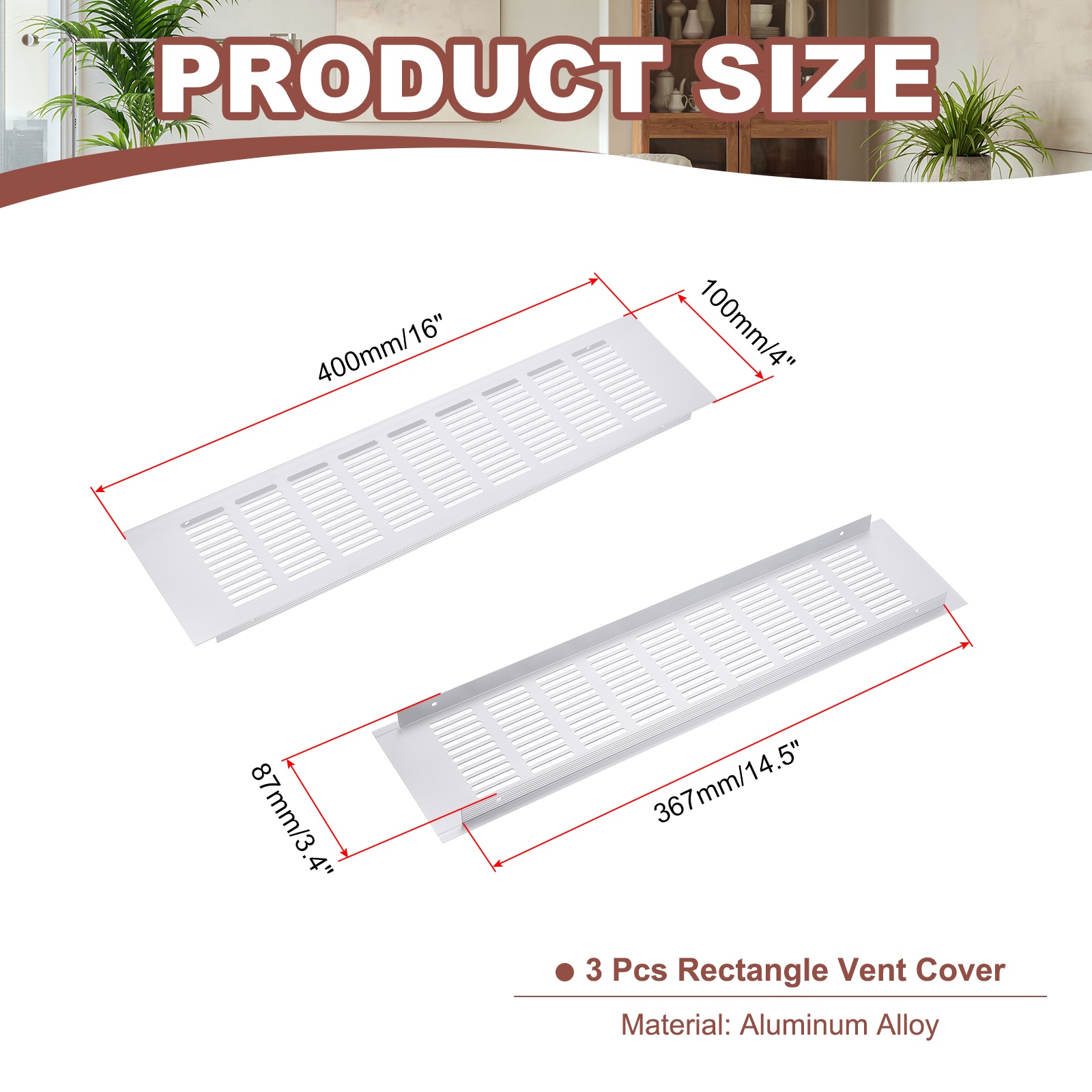 Uxcell 16 x 4" Rectangle Ventilation Grille 3Pcs Aluminum Air Vent Cover Silver