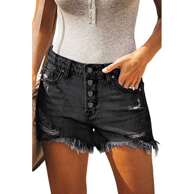 Pantalones cortos de mezclilla, holgados, con flecos, negro rasgado, deshilachado, para mujer