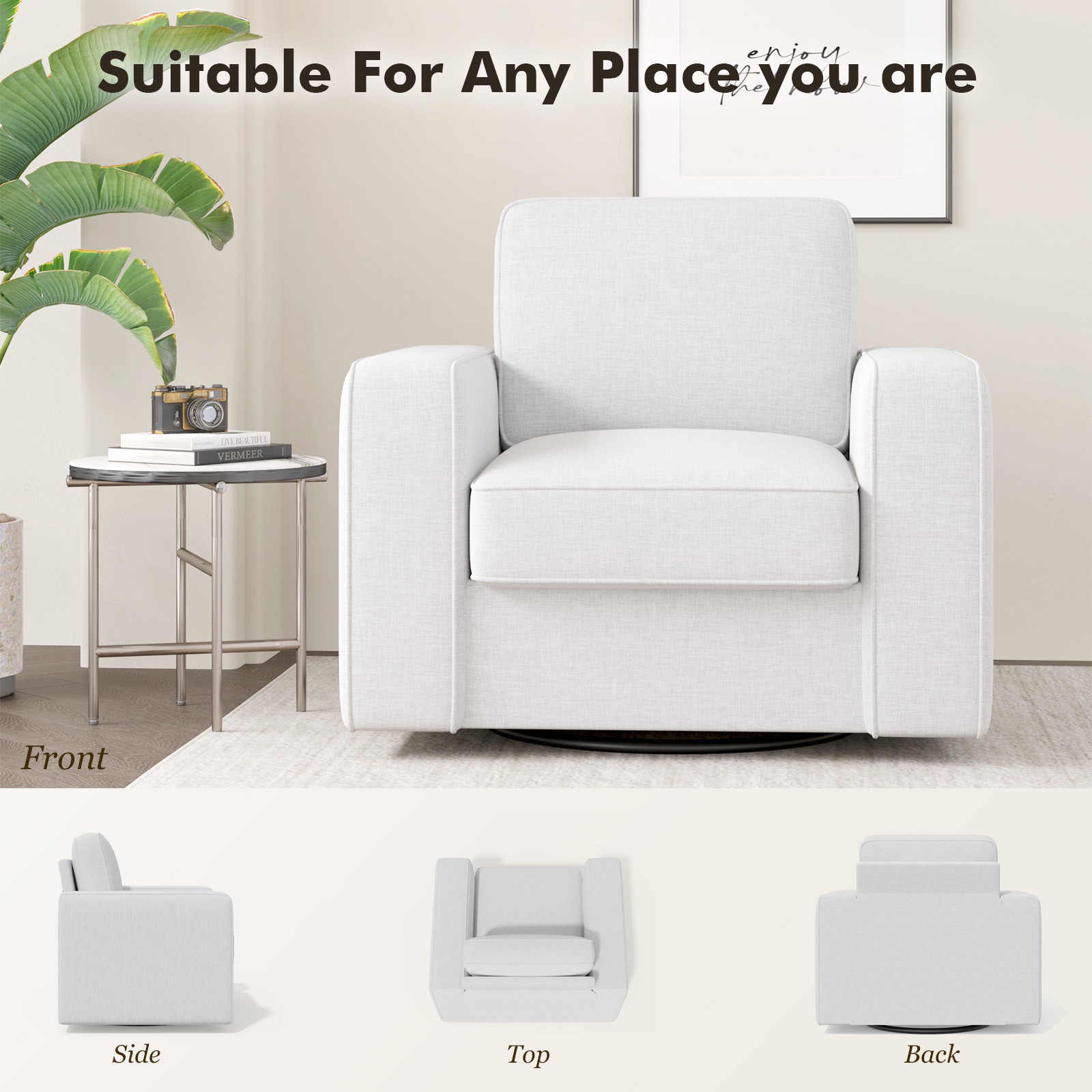 MOONMISS Swivel Accent Chair, 36'' Wide Mid-Century Modern Armchair for Living Room, Bedroom, Office, White