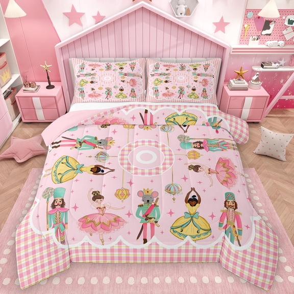 Homewish Kawaii Nutcracker 2pcs Bedding Comforter Set For Children Teens Adults,Happy Christmas Xmas Twin Comforter Sets,Geometric Plaid Breathable Bedding Set,Ballet Dance Room Decor,Reversible