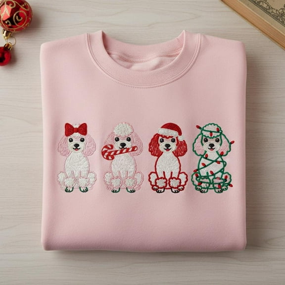 Embroidered Poodle Christmas Sweatshirt, Four Dog Holiday Shirt, Cute Poodle Family Crewneck, Cartoon Puppy Xmas Gift