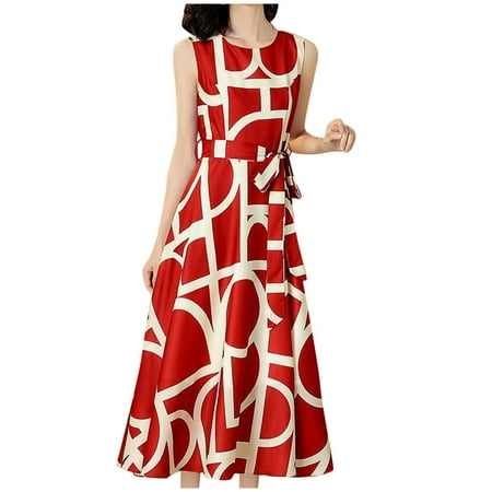

Wedding Guest Dresses for Women White Dress Fashion Casual Women O-Neck Sleeveless Long A-Line Printed Ladies Slim Dress Savings Clearance Dresses for Women Sequin Dress for Women Red L