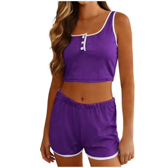 Women 2 Piece Lounge Sets Button Scoop Neck Casual Cropped Tank Top Summer Elastic Waist Shorts Lightweight Fashion Outfits Set