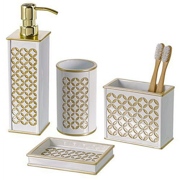 Creative Scents Diamond Lattice 4 Piece Bathroom Accessories Sets - Includes Decorative Lotion Dispenser, Dish, Tumbler, Toothbrush Holder - Gift Pack