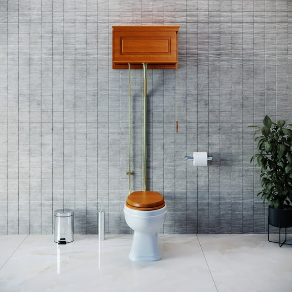 High Tank Pull Chain Toilet Light Mahogany Finish Wooden Raised Tank Round Rear Entry White Porcelain Bowl and Brass L Pipes Adjustable H 70"- 74" w/Hardware Renovators Supply