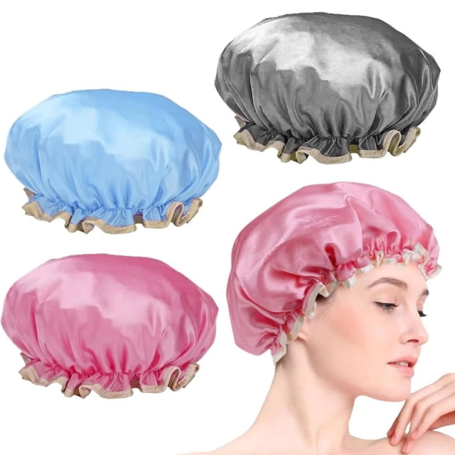 Gorros de Baño 3 Paquetes, Gorros de baño impermeable satinado para mujer, Gorra de Bano Mujer Reutilizable para Bañarse y Dormir Cabello Rizado