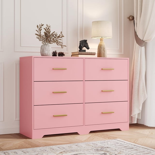 Yiwa Commode Moderne à 6 Tiroirs, Rangement Profond, Anti-Basculement, Poignées en Métal Doré
