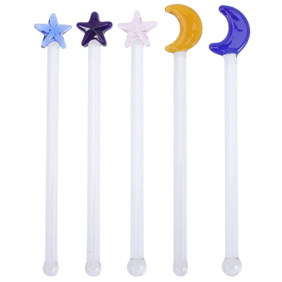 NUOLUX 5Pcs Star Moon Shaped Glass Stir Sticks For Cocktail And Beverage Home Bar Use