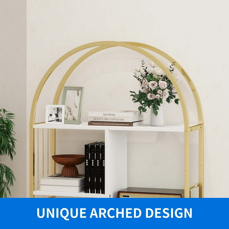Arched Bookshelf 5-Tier Open Shelves MDF & Metal Frame Curved Top Adjustable Feet Home Office Display Rack