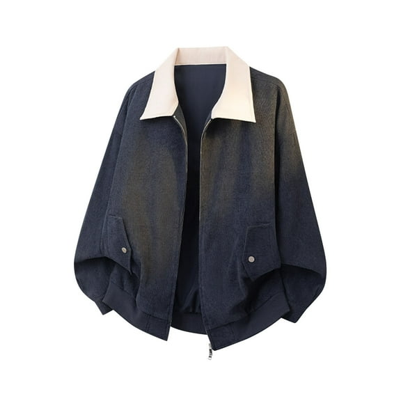 TFEOQRY Men's Contrast Collar Jacket Full Zip Lapel Long Sleeve Casual Loose Streetwear Coat Navy