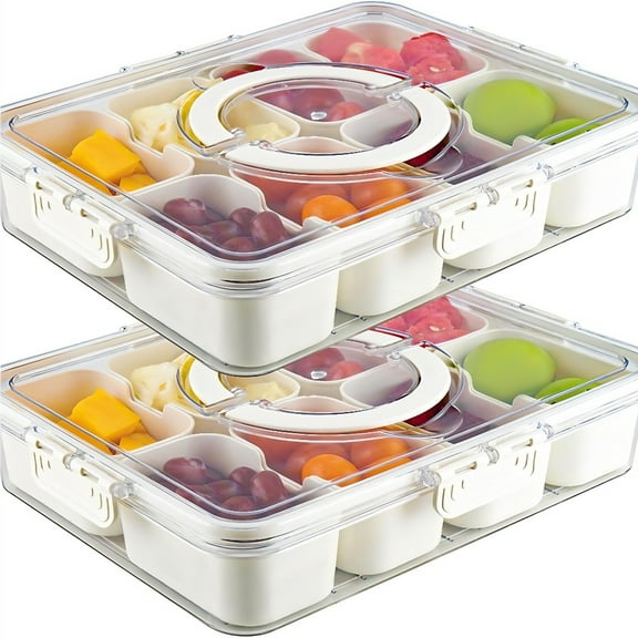Snackle Box Container-8 Compartment Portable Snack Organizer,Divided Serving Tray for Fruits,Veggies,Nuts,Candy -Travel,Party,Picnic Snack Platter for Kids & Adults(2 Packs)