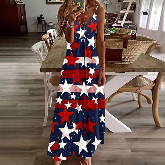 Vetsdori Red White and Blue Maxi Dress for Women Summer Fourth of July Slip Dress Star Print Backless Casual,Tank Outfits Womens Dress V-Neck