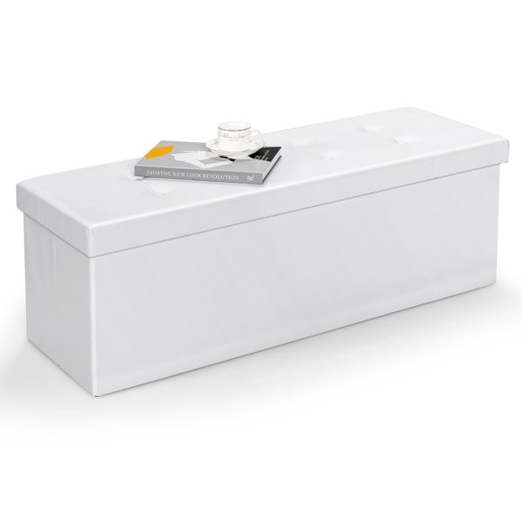 Patiojoy Folding Storage Stool Padded Ottoman Faux Leather Foot Rest Seat Pouffe Box White