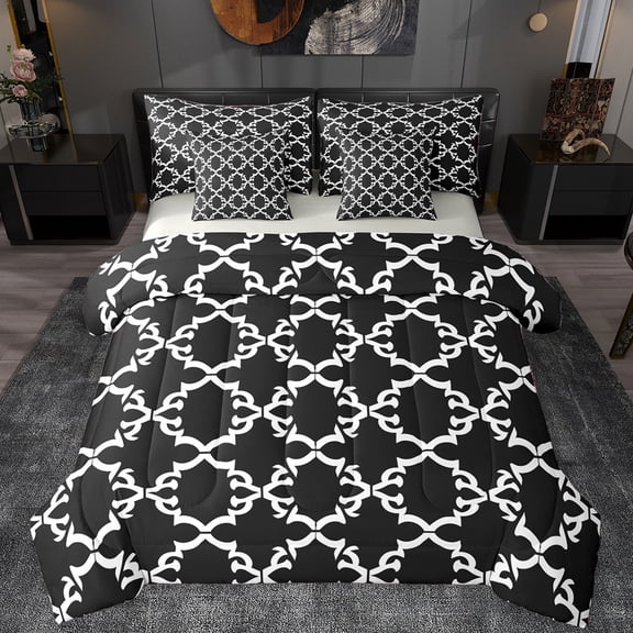 Manfei Abstract Geometric Floral 7-Piece Twin Bedding Sets,Boho Exotic Style Bedding Comforter Set,White Black Sheet Sets For Men Women,Breathable Home Decor Reversible