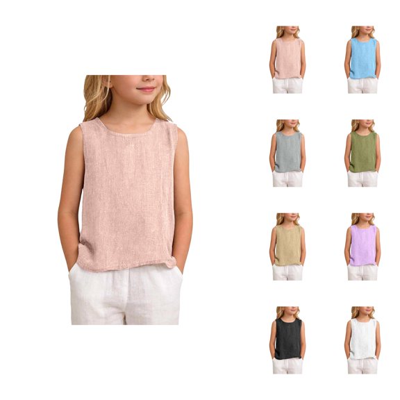 Boys Girls Tank Tops Summer Crewneck Casual Linen Sleeveless Shirt Kids Beach Outfits 3-14 Years