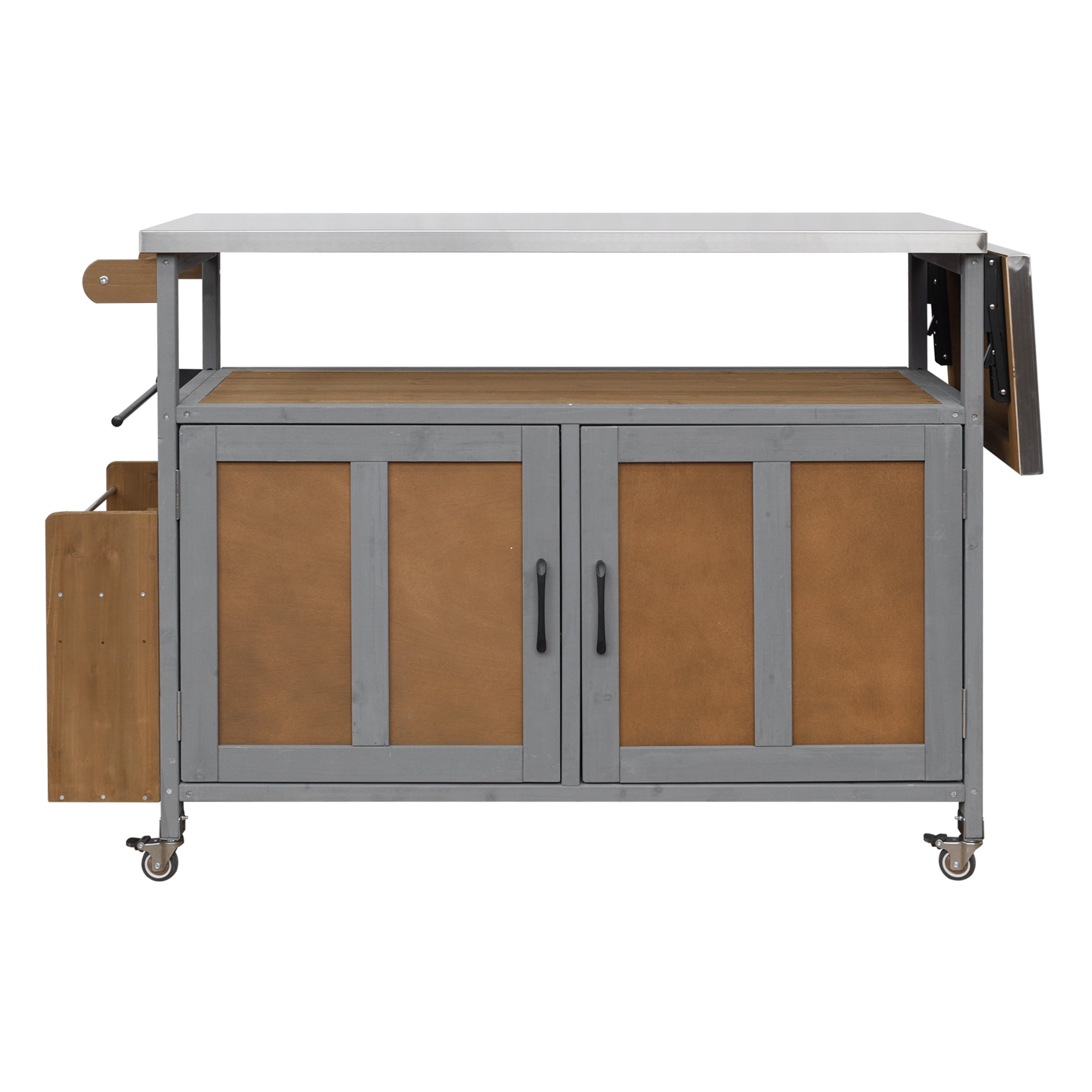 Harper & Bright Designs Outdoor Extendable Kitchen Island with Wheels, Patio Kitchen Cart with Foldable Stainless Steel Top, Portable Prep Station with Storage Cabinet, Espresso + Grey