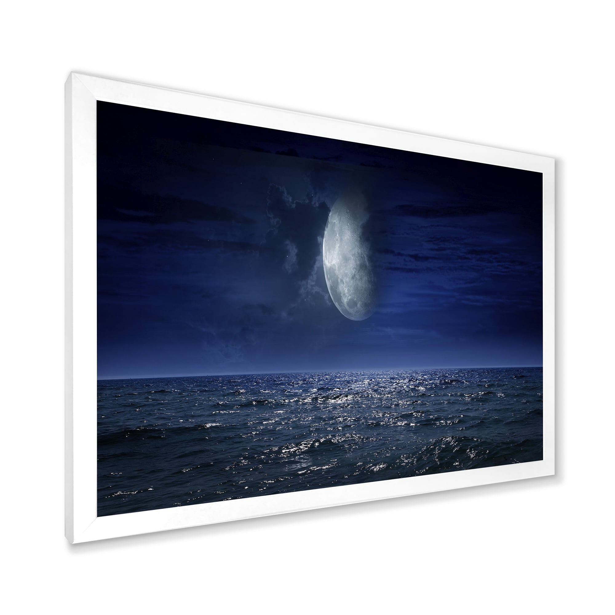 Designart 'Full Moon Night Over Dark Ocean' Nautical & Coastal Framed Art Print