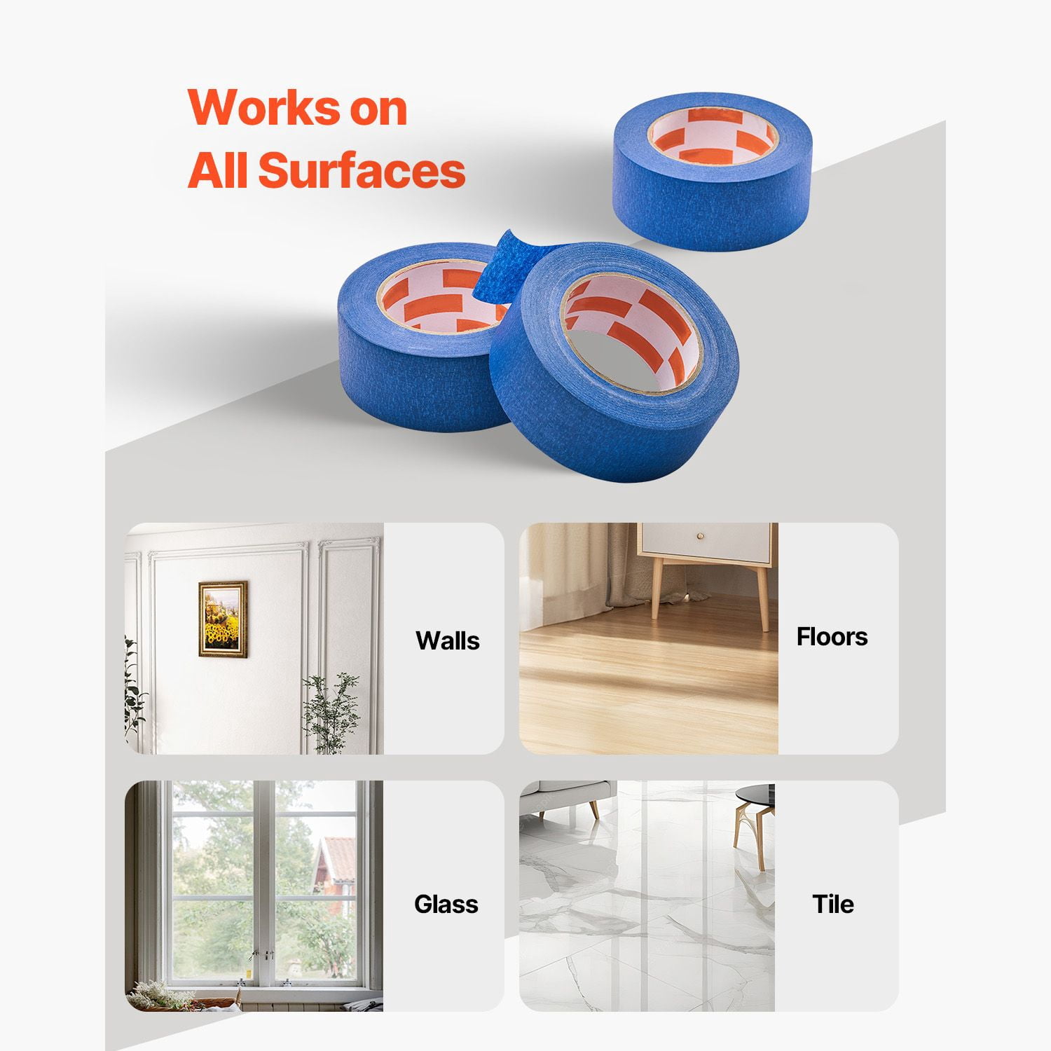 Blue Painters Tape, Multi-Surface Masking Tape with Strong Adhesion, Residue-Free Removal, Tear by Hand, Writable Surface, Ideal for Painting and DIY Projects