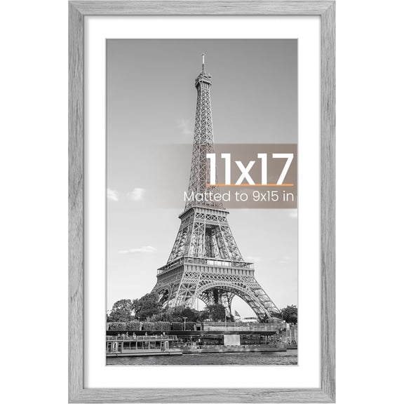 11x17 Picture Frame, Display Pictures 9x15 with Mat or 11 x 17 Without, Wall Hanging Poster Frames, Gray, 1 Pack