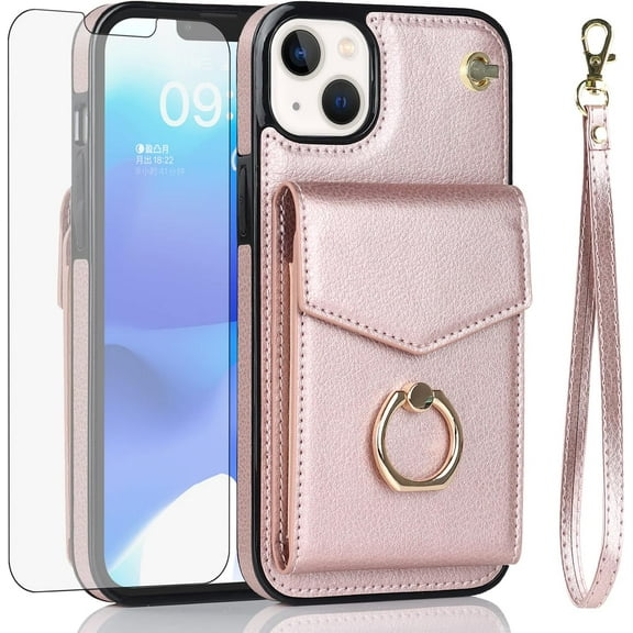 REQO Phone Case for iPhone 12 Mini 5.4 Wallet Cover with Tempered Glass Screen Protector and RFID Blocking Ring Credit Card Holder Leather Cell iPhone12mini 5G i 12s iPhone12 12mini Women Rose Gold