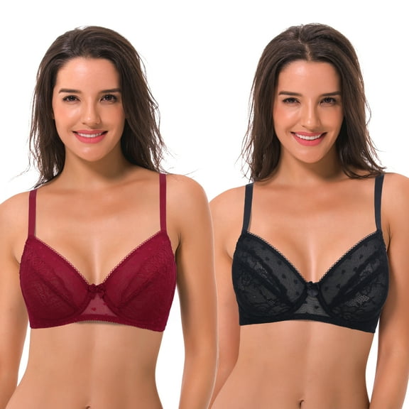 Curve Muse Women's Plus Size Unlined Balconette Underwire Sheer Lace Bra-2PK-BLACK,RED-34B
