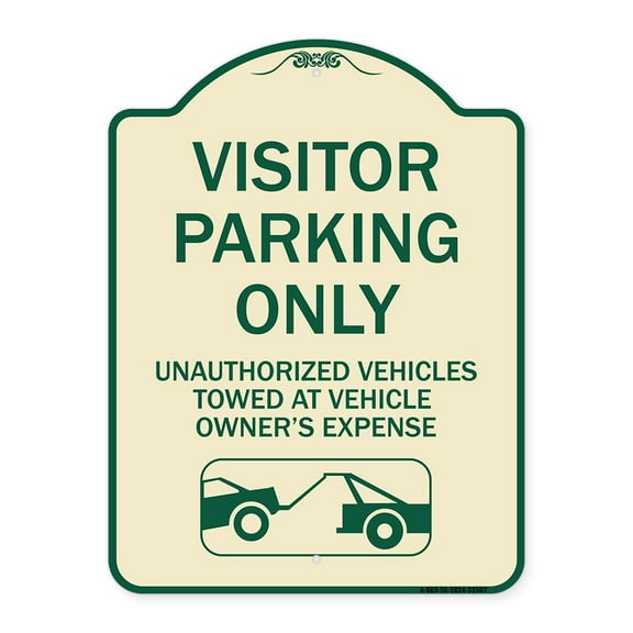 SignMission Designer Series Sign - Parking Restriction Sign Visitor Parking Only Unauthorized Vehicles Towed at Owner Expense with Graphic | Tan & Green 18" x 24" Heavy-Gauge Aluminum