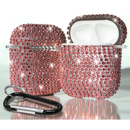 Rhinestone Case Chic Rose Gold Pink Diamond Bling Cover with Shimmering/Shining Crystals and Carabiner Keychain Clip for Apple Airpods Console
