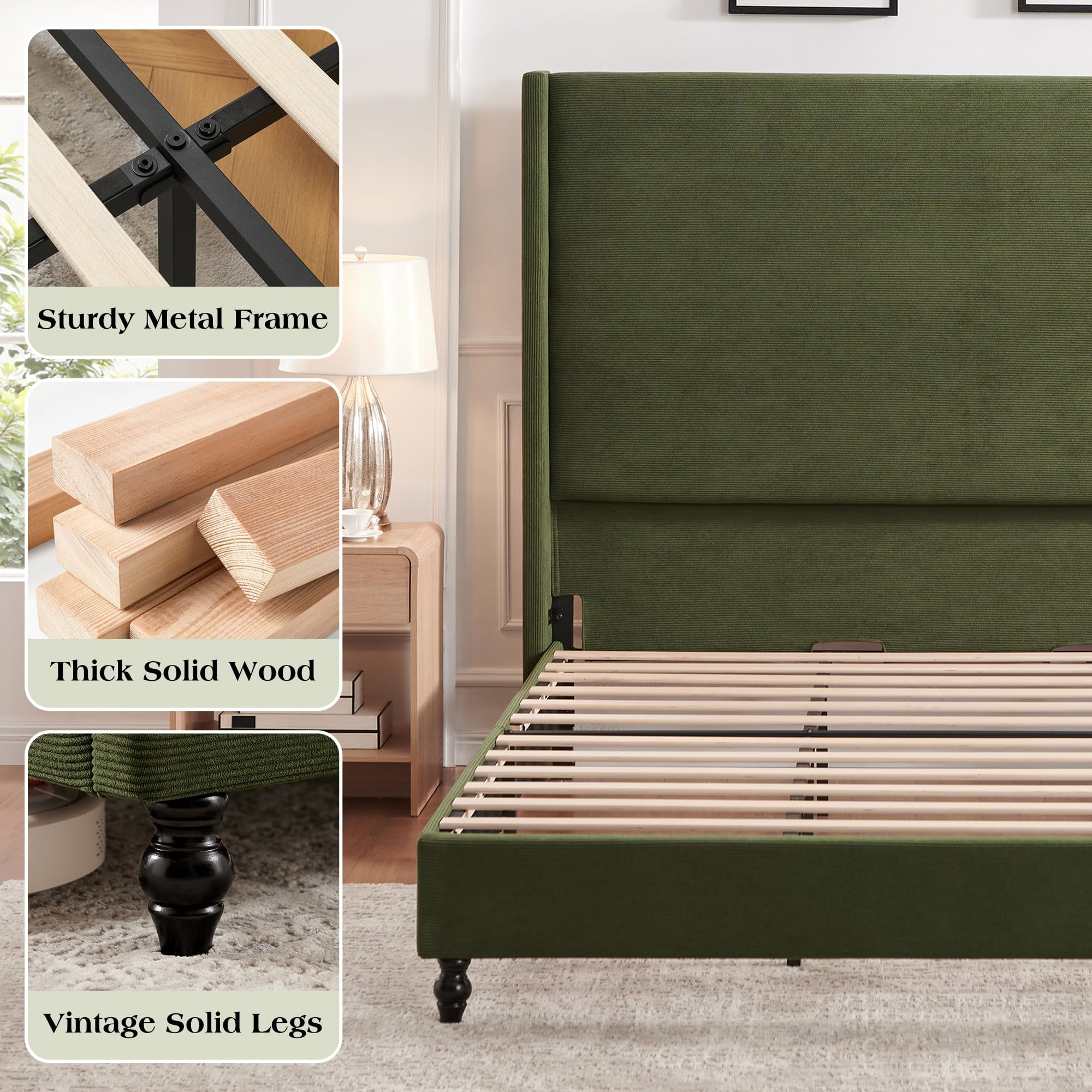 VanAcc Queen Bed Frame with 63" Tall Headboard, Horizontal Fine Corduroy Bed Frame with Upholstered Wingback, Vintage Solid Wood Gourd Legs, Green