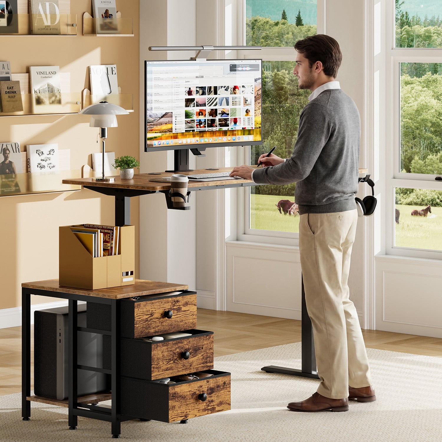 GUNAITO 55.1" Electric Standing Desk with 3-Drawer Cabinet, Adjustable Height Desk with Memory Panel, Office & Gaming Desk，Rustic Brown
