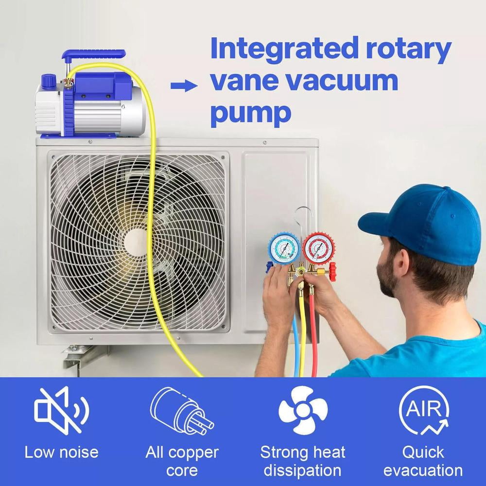 110V 1/4HP 4CFM Single Stage Rotary Vane Air Vacuum Pump and R134a AC Manifold Gauge Set Kit for HVAC Air Conditioning Refrigeration Recharging