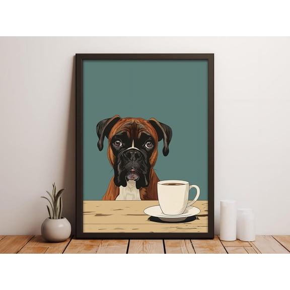 Brindle Boxer Coffee Trendy Dog Lover Wall Art, Unframed Paper Print Size 8x12