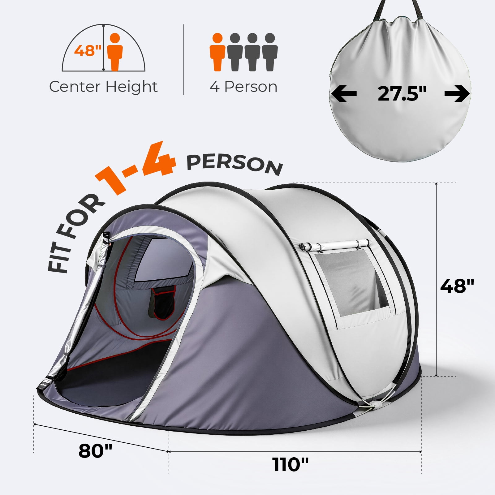 Instant Pop-Up Camping Tent for 3-4 Persons, Waterproof 210T Polyester Tent with Front Awning, Dual Mesh Doors & Storage Pockets, Portable Shelter for Camping, Beach, Festival & Backyard