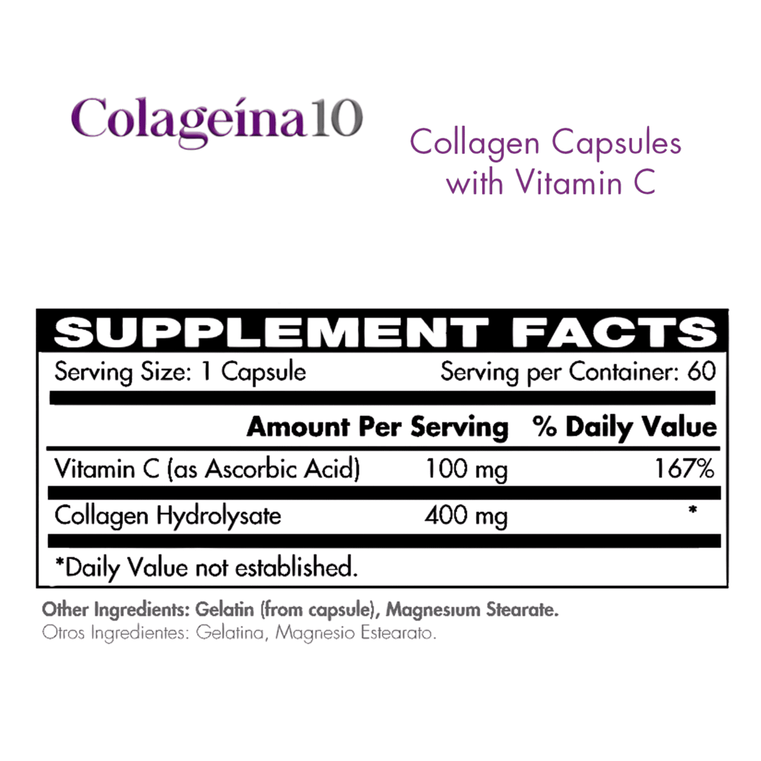 Colageina 10 Collagen Capsules with Vitamin C for a Younger Look, Anti-Aging, 60 Capsules.