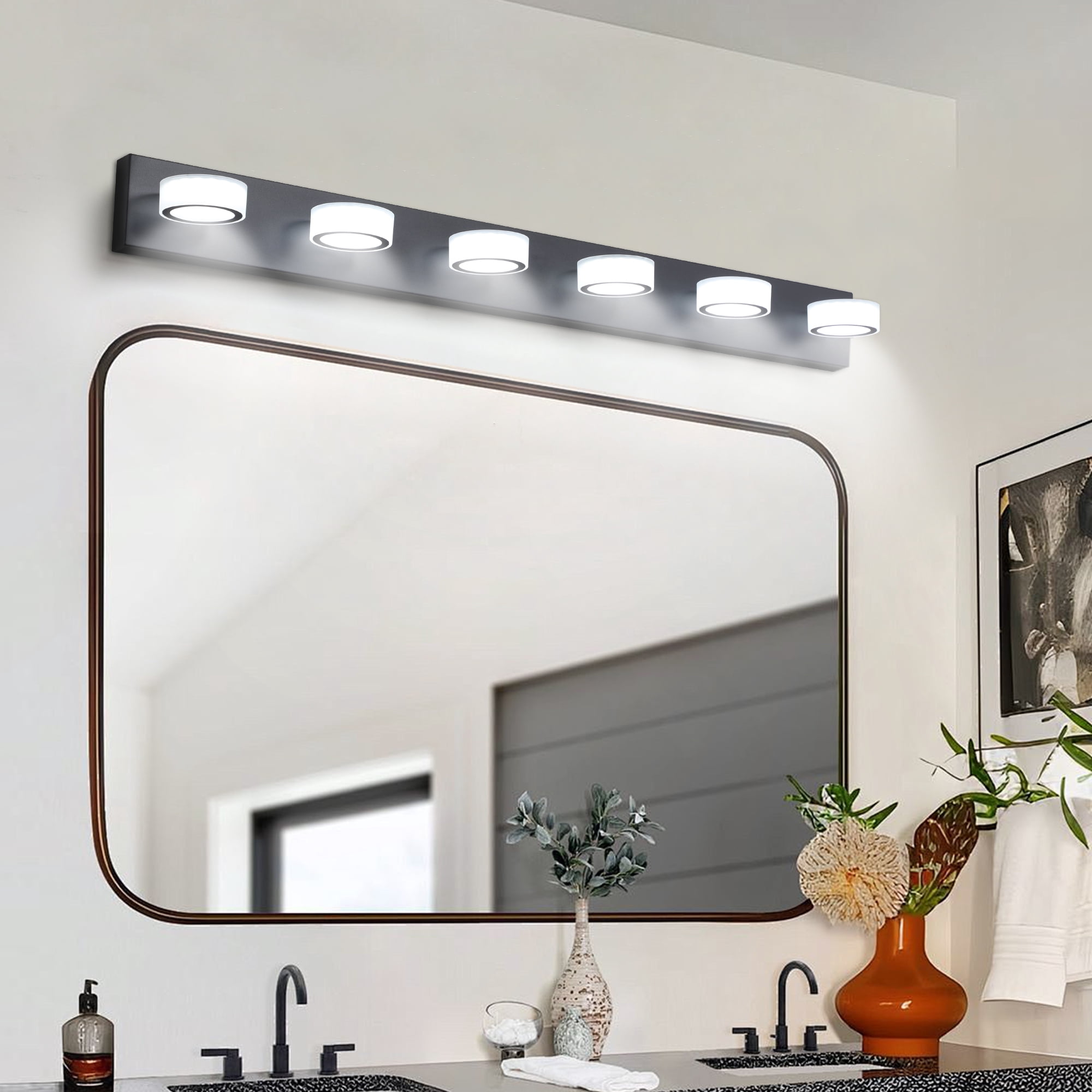 GCGAFUL 45 in. 6-Light Modern Black LED Vanity Light Bar with Acrylic Shades for Mirror, Shower, and Bathroom Decor