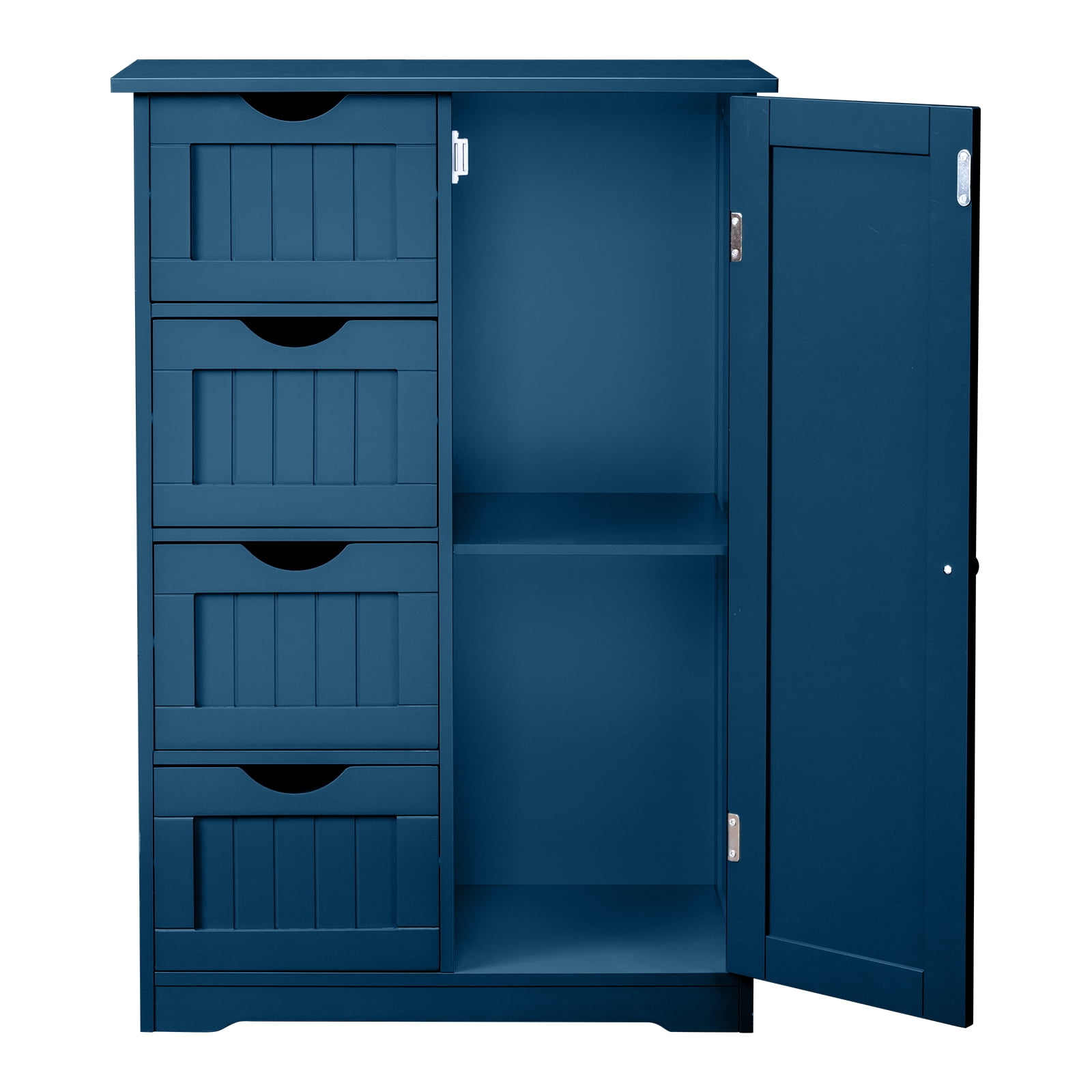 Ktaxon Wooden Bathroom Floor Cabinet, Side Storage Organizer with 4 Drawers, 1 Cupboard & 2-Shelves, Navy Blue