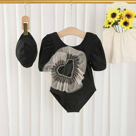 

CHGBMOK Summer Toddler Swimsuit Baby Girl s Swimsuit Short Sleeve Heart Shape Gauze Skirt One-Piece Swimsuit+ Hat Swimwear Suit