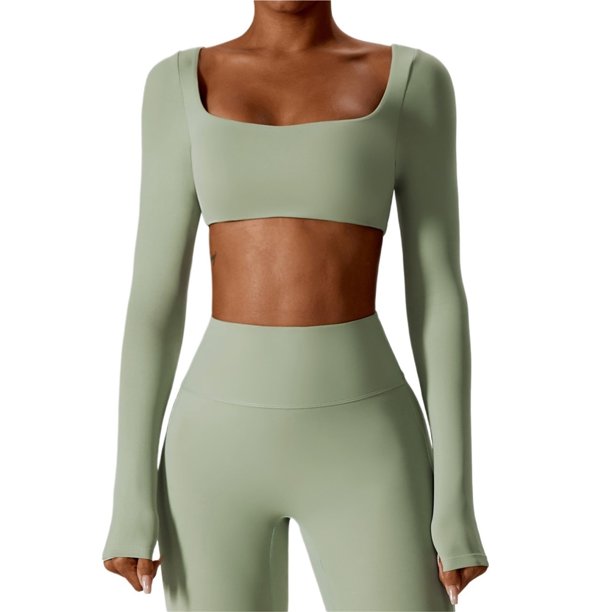 Tops cortos de yoga for mujer, camiseta de manga larga con cuello cuadrado, camisetas básicas elásticas ajustadas, camisetas deportivas for ejercicio al aire libre y gimnasio