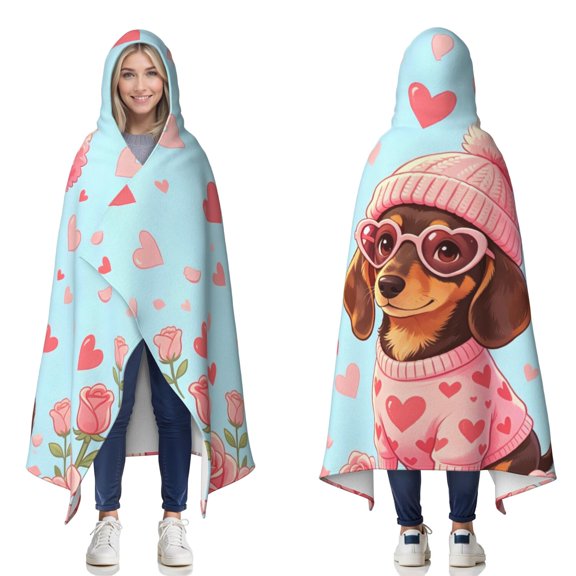 Pink Roses Dachshund Wearable Blanket Hoodies for Women Men Adults Dachshund Lovers Cozy Soft Cute Heart Dachshunds Hooded Blankets for Couch Bed Decor Valentine's Day Gifts 60x80 Inch
