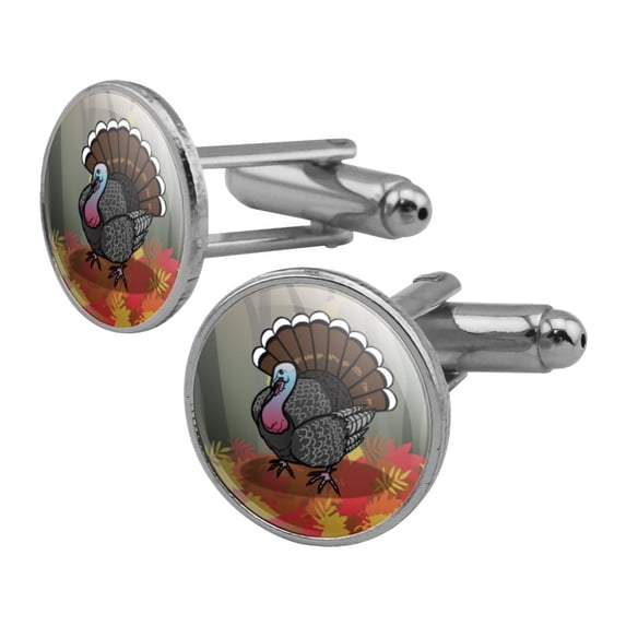 Turkey Thanksgiving Autumn Round Cufflink Set Silver Color