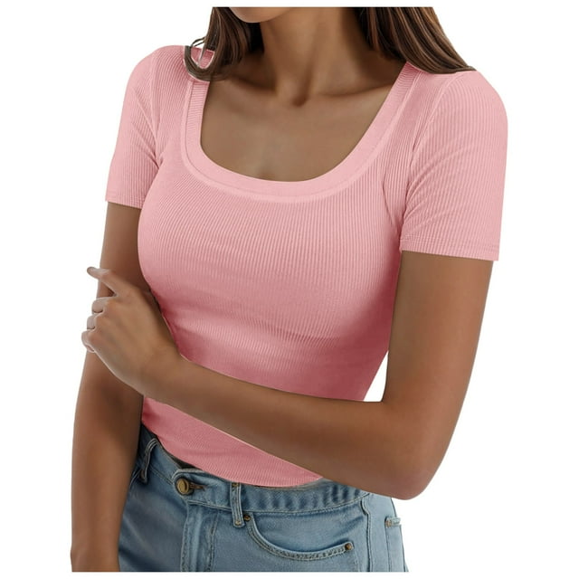 Hauts d'Été à Manches Courtes pour Femmes Col Carré Côtelé Ajusté Chemises Décontractées T-Shirt