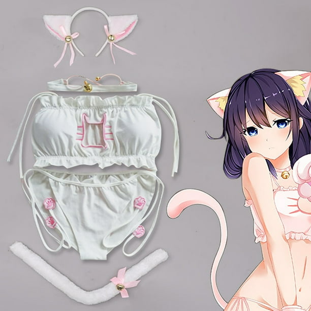 Conjunto de lenceria para mujer Gatito Ojo de cerradura Lindo traje sexy Oreja de gato Aro para el pelo Cola de gato Blanco Vhermosa Bodega Aurrera en linea